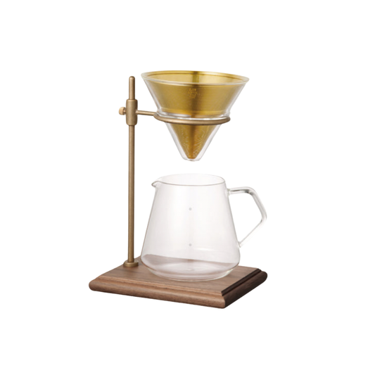 Sleek Kinto Glass and Brass Brewer Stand Set 700ml out of packaging set up