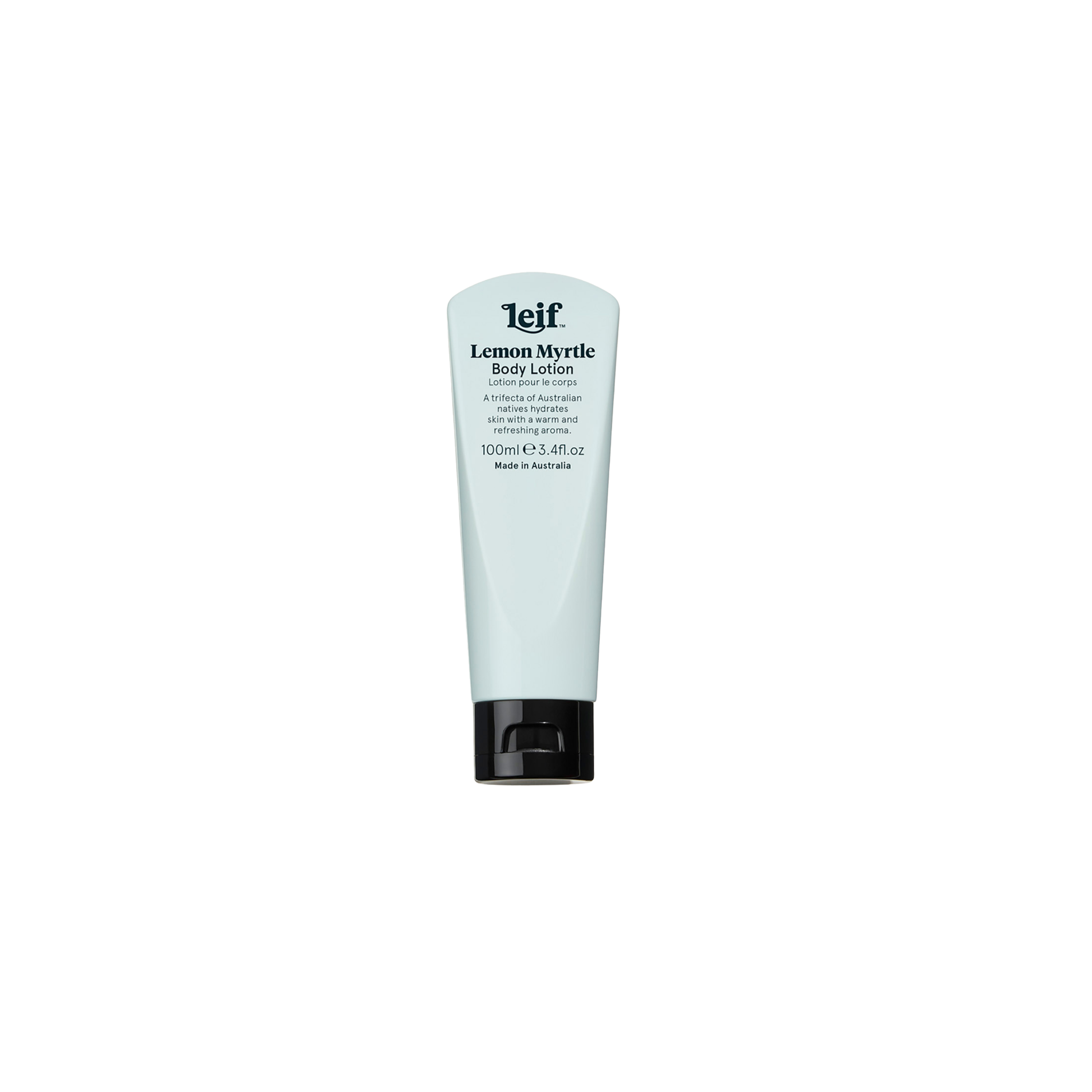Front view of the Leif Body Lotion 100ml Lemon Myrtle, it is warm and herbaceous with sandalwood and eucalyptus, in a design fit for travel.
