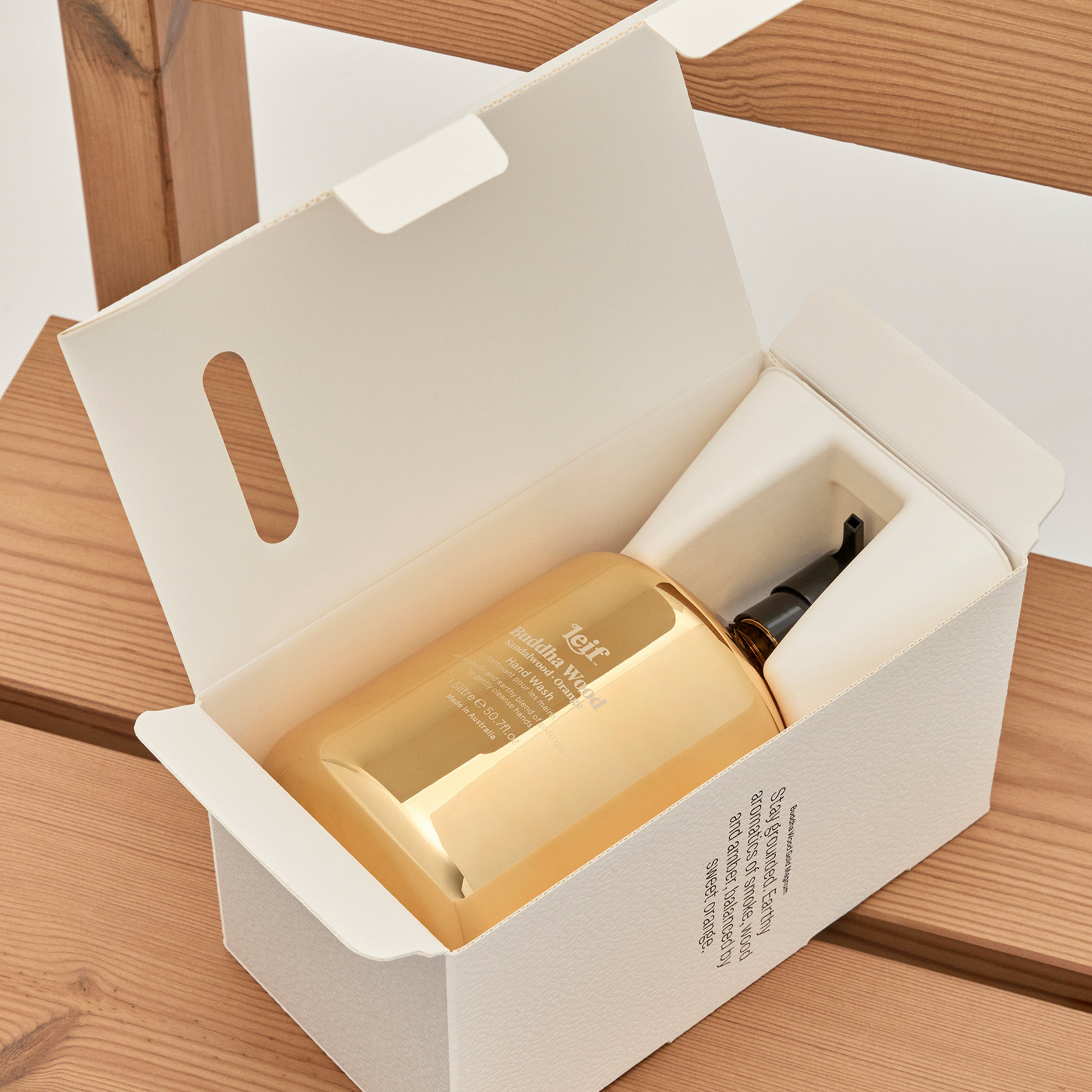 Leif limited edition gold handwash showing packaging of the magnum sized bottle (1.5L)