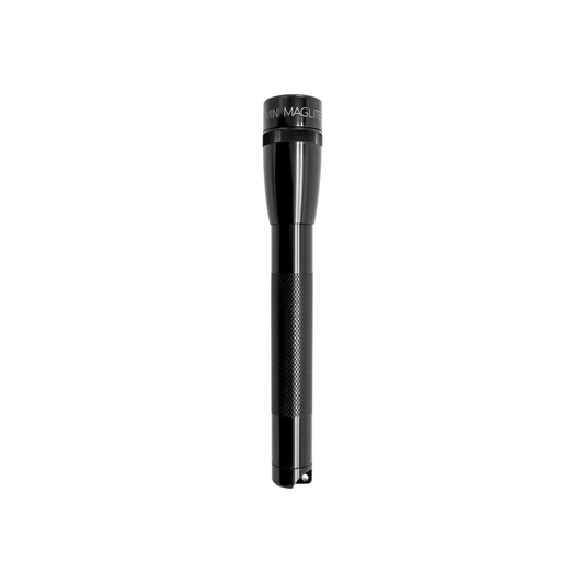 Front upright view of mini Maglite torch black