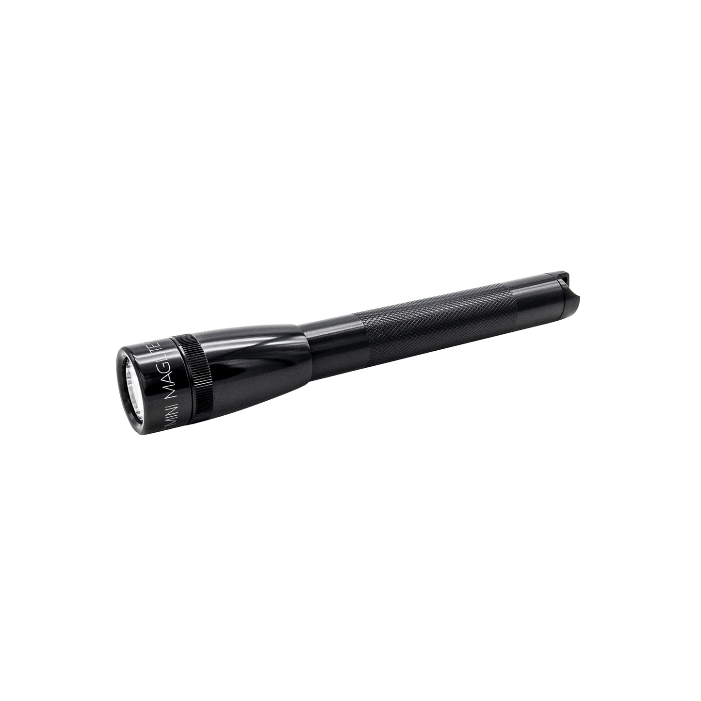 Side view of mini Maglite torch black lying on side
