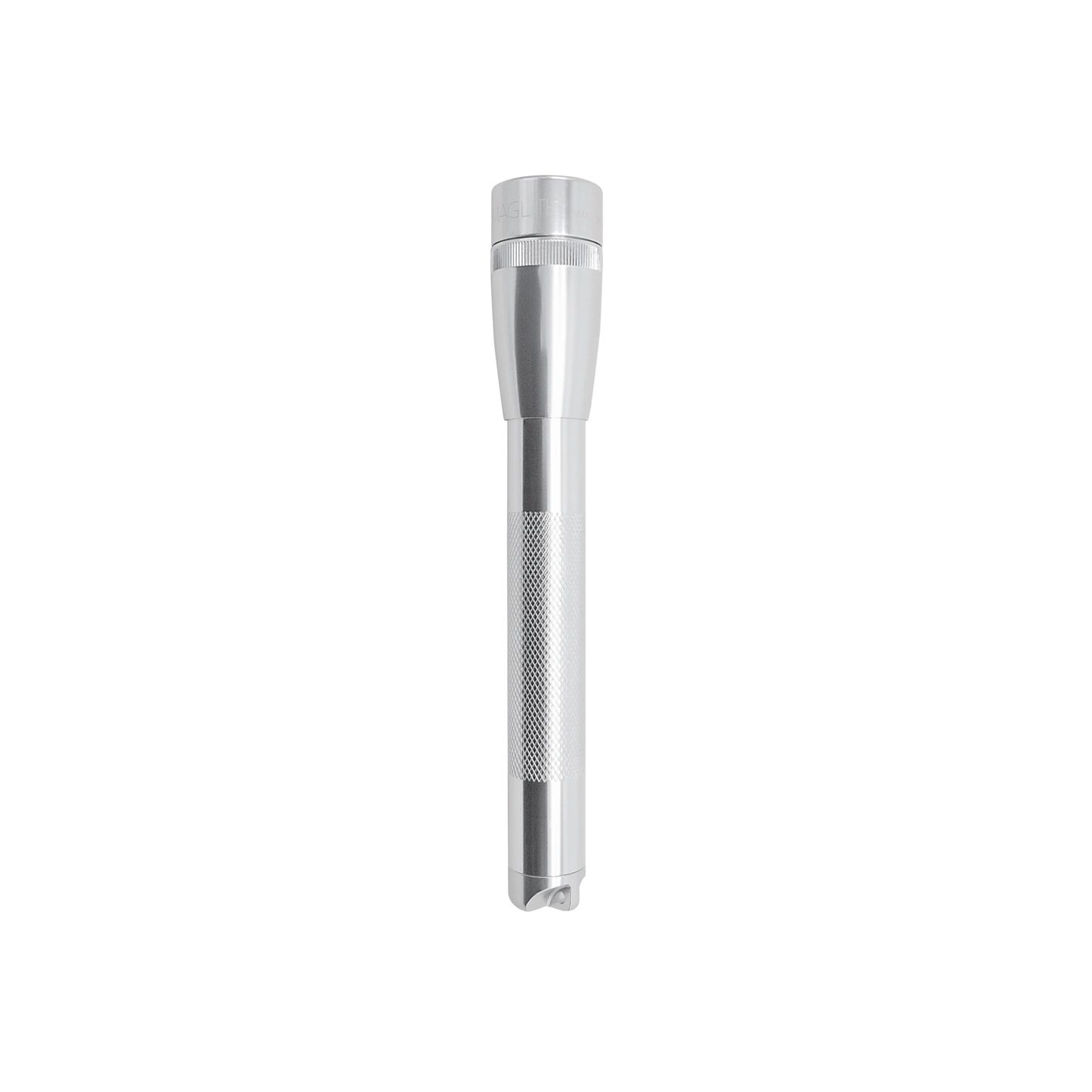Front upright view of mini Maglite torch silver