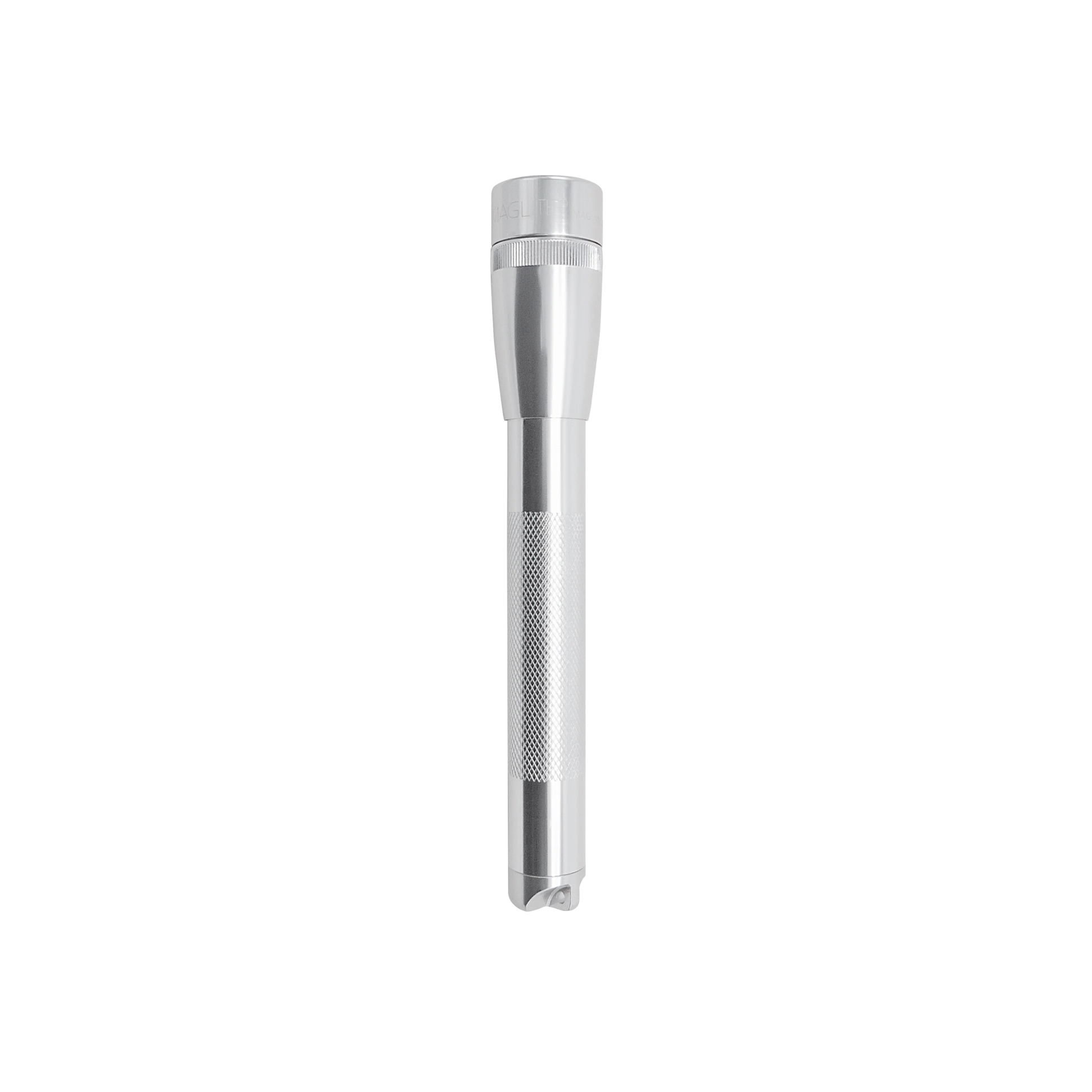 Front upright view of mini Maglite torch silver