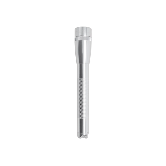 Front upright view of mini Maglite torch silver
