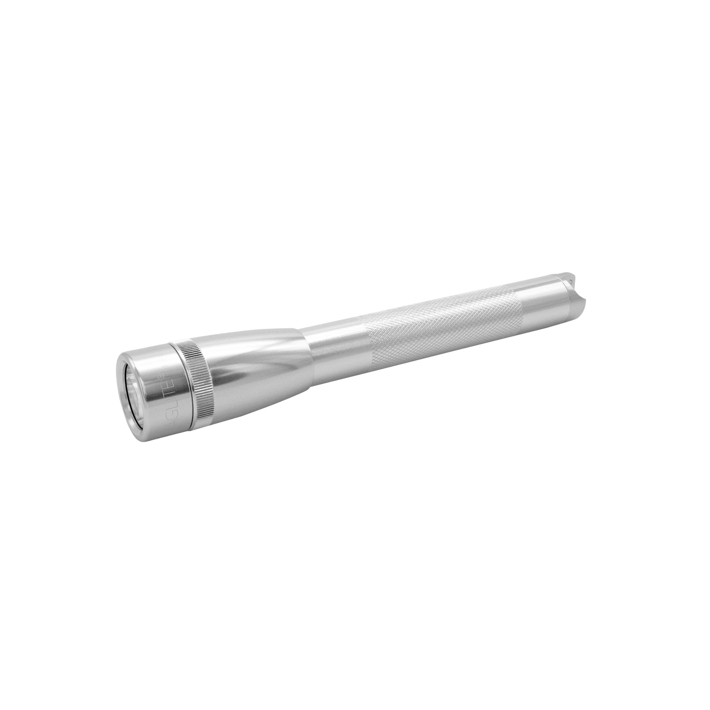 Side view of mini Maglite torch silver lying on side