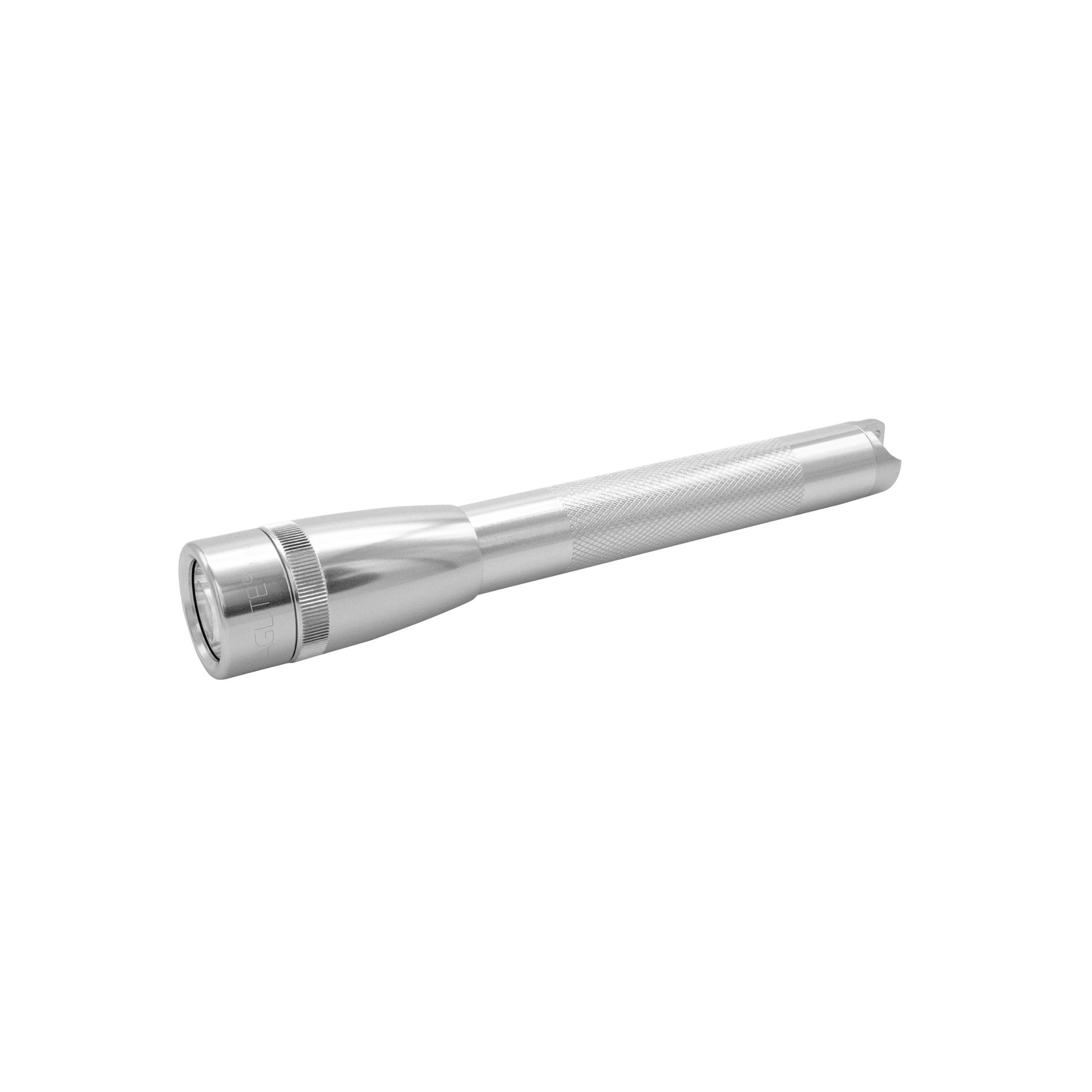 Side view of mini Maglite torch silver lying on side