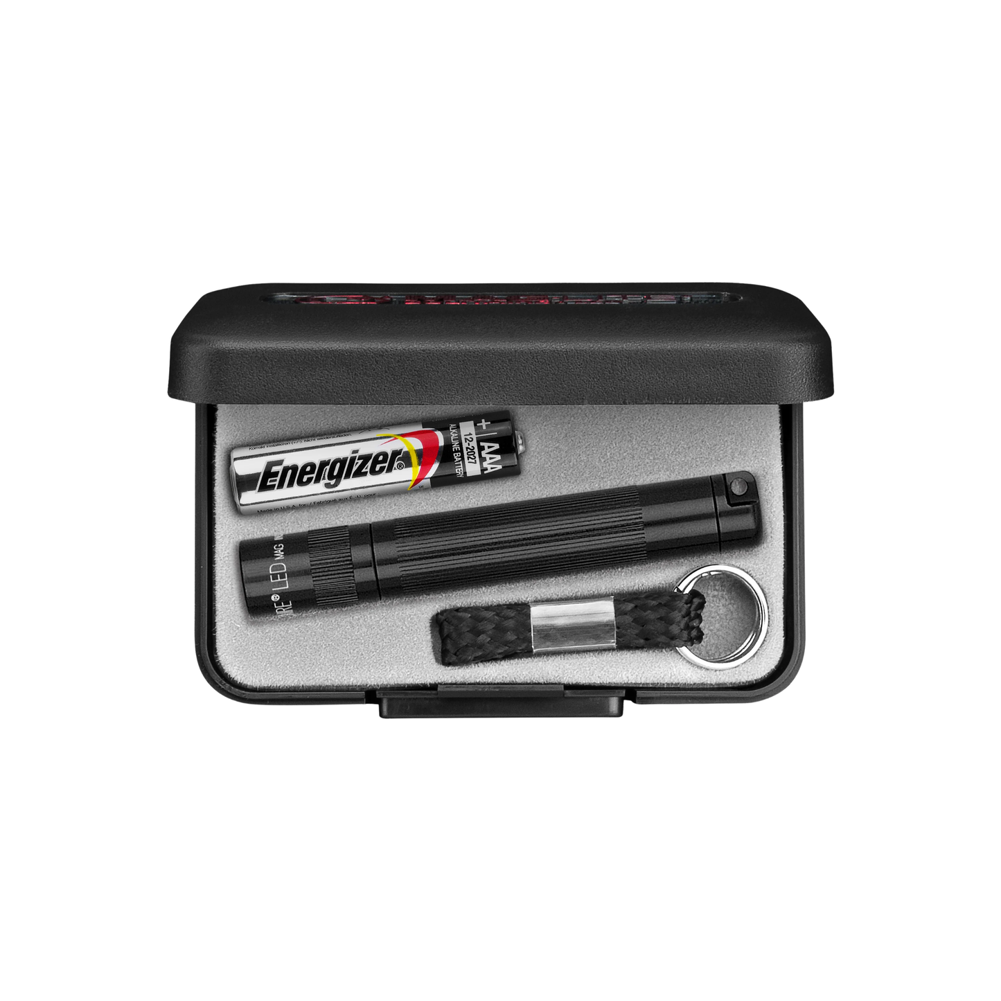 Top view of black solitare Maglite torch in packaging case with batteries and accessories 