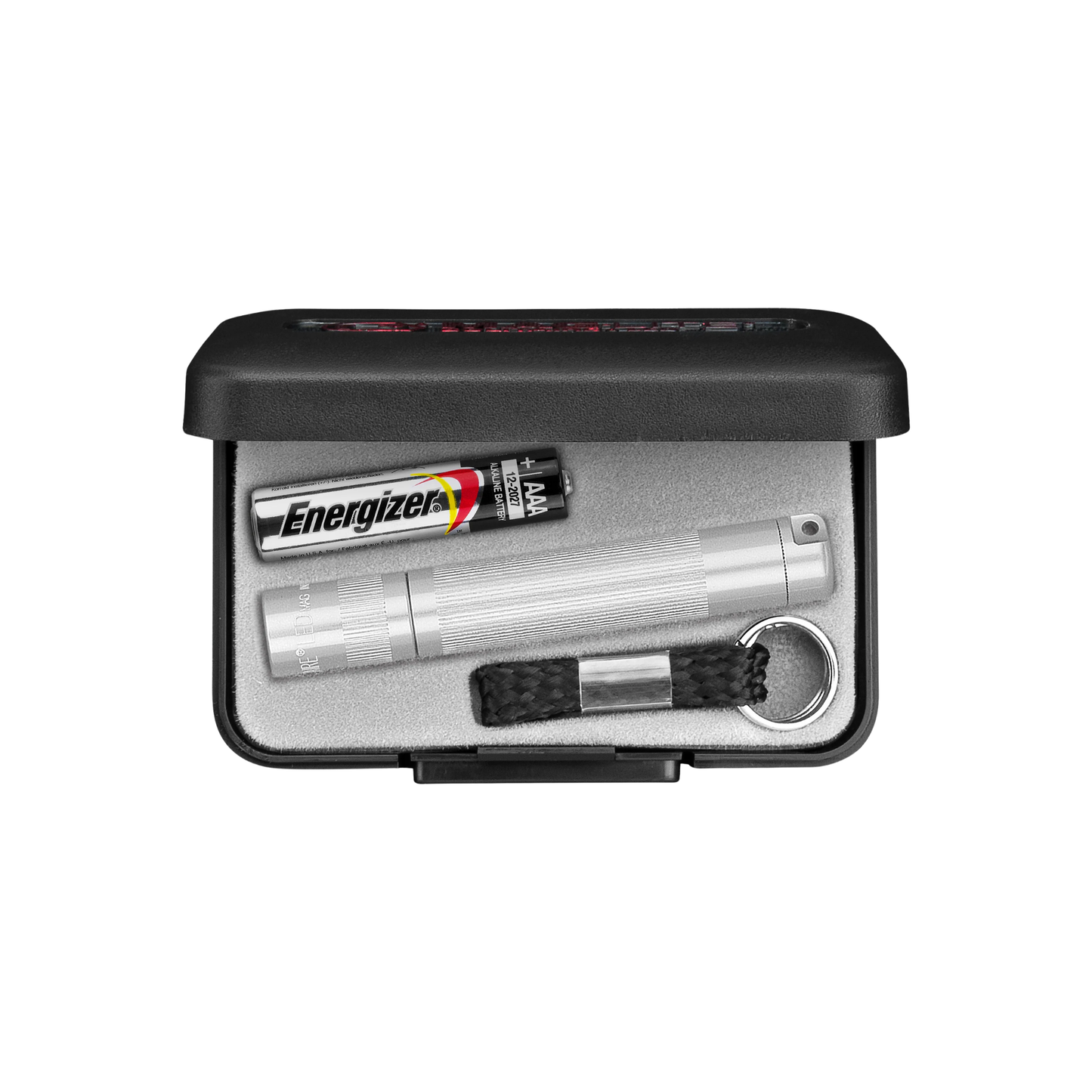 Top view of black solitare Maglite torch in packaging case with batteries and accessories 