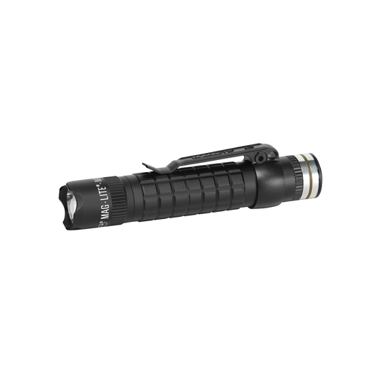 Side view of black tactical rechargeable Maglite torch lying on side