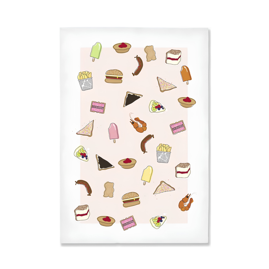 Front view of the Make Me Iconic Tea Towel Aussie Foods, images of food that fills lunchboxes or late-night cravings put in a tea towel made from high quality, absorbent fabric.
