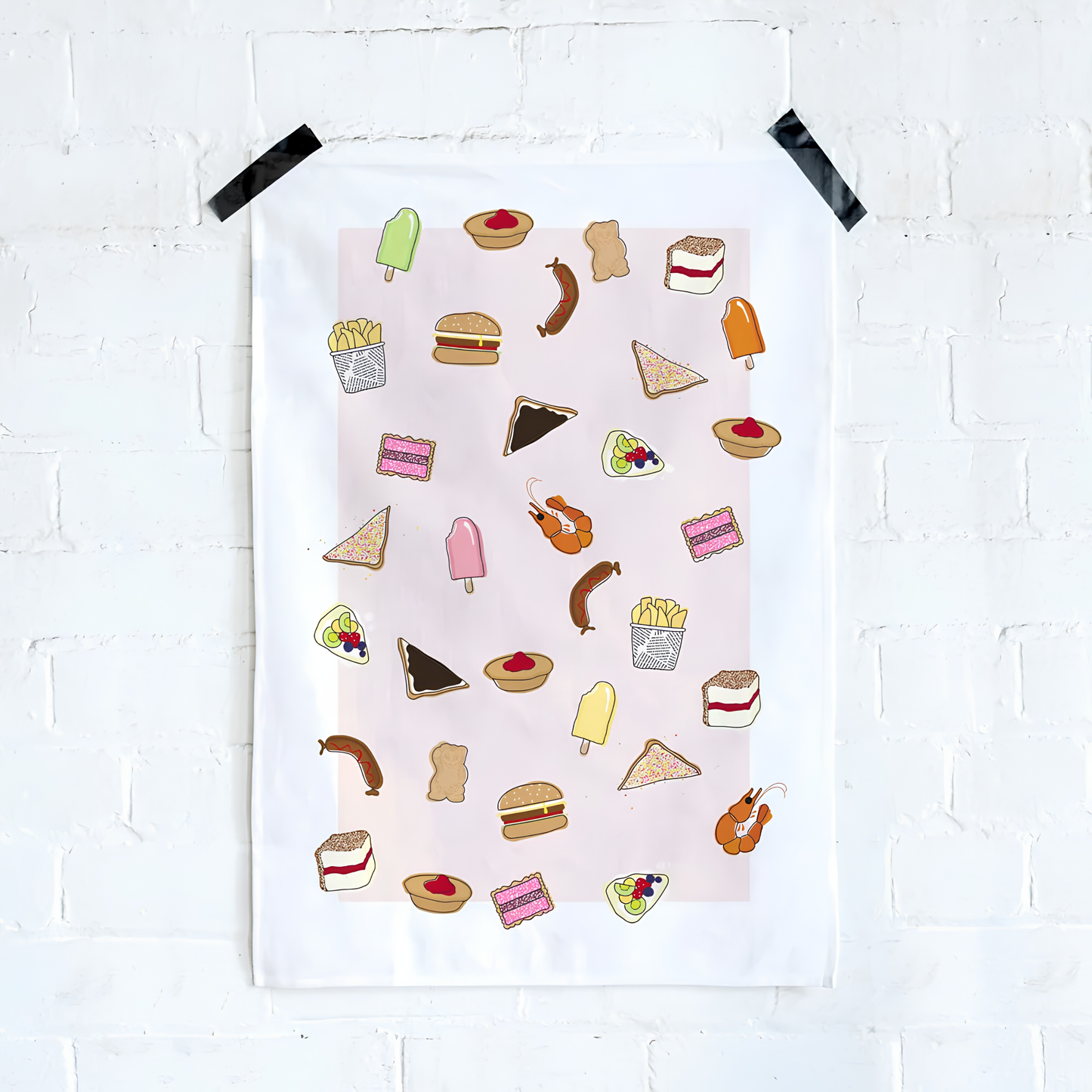 Make Me Iconic Tea Towel Aussie Foods, images of food that fills lunchboxes or late-night cravings put in a tea towel taped on the wall. Made from high quality, absorbent fabric.