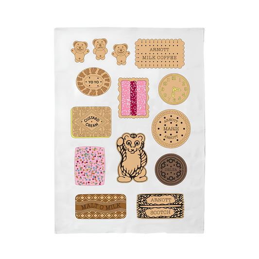 Front view of the Make Me Iconic Tea Towel Bickies, Australia's most iconic biscuits, Delta Creams, Malt-O-Milk, Teddy Bear and more put on a tea towel. Made from high quality, absorbent fabric.