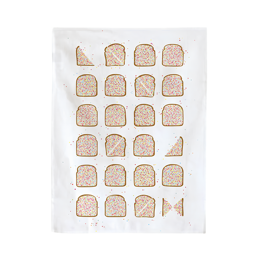 Front view of the Make Me Iconic Tea Towel Fairy Bread, one of Australia's most iconic treats, these slices of bread with butter and rainbow sprinkles put on a tea towel. Made from high quality, absorbent fabric.