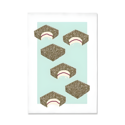 Front view of the Make Me Iconic Lamington Tea Towel featuring Australia's classic chocolate-coated, coconut-covered treat. Made from high-quality, absorbent fabric.