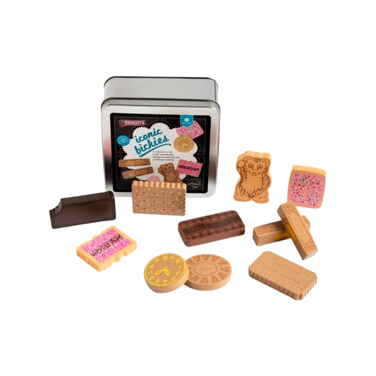 Make Me Iconic wooden Australian biscuit toy set featuring 10 classic Arnott's-style biscuits with numbers on the back, handcrafted from non-toxic wood and stored in a decorative tin - perfect for pretend tea parties and playful learning with Aussie charm.