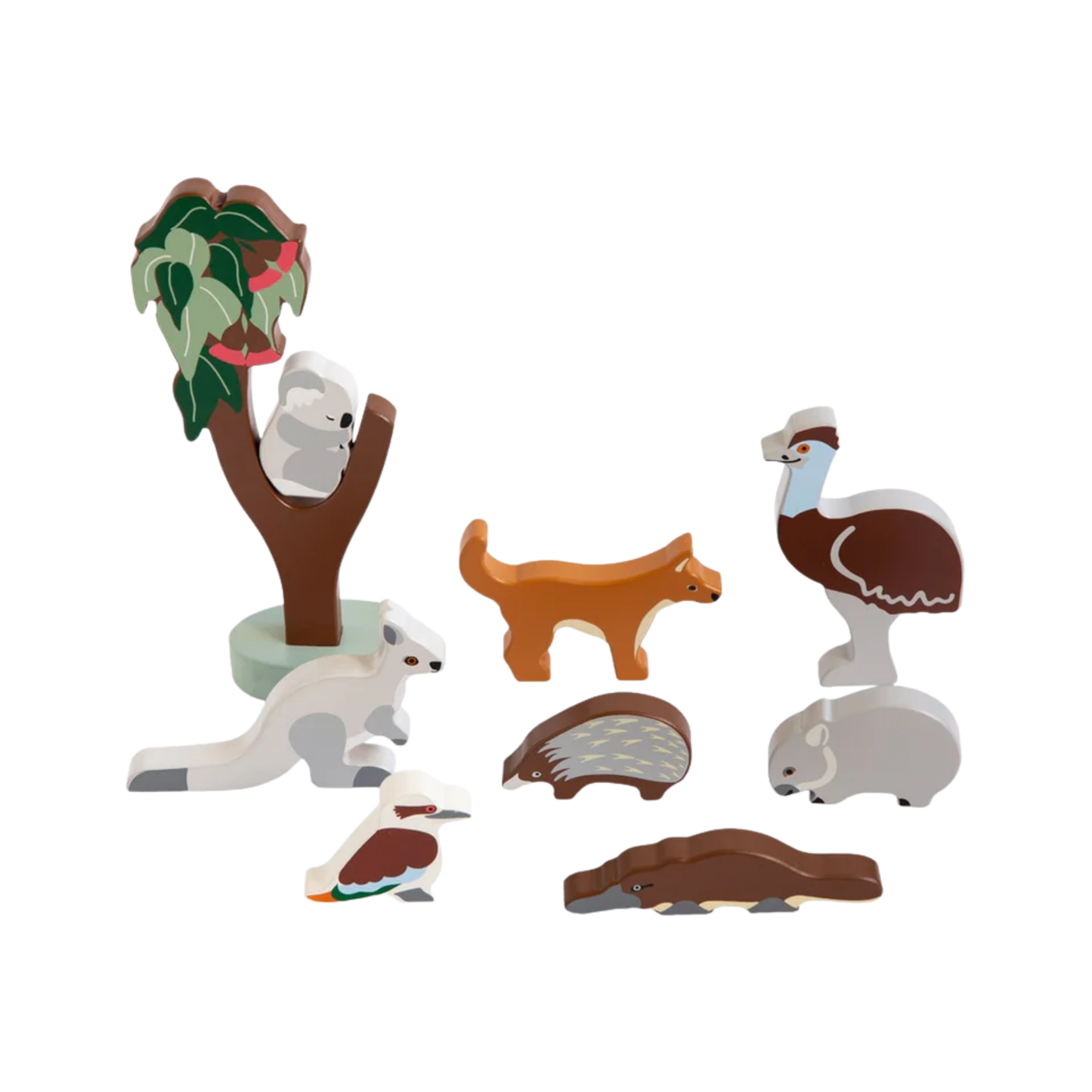 Make Me Iconic wooden Australian animal toy set featuring eight native animals and a gum tree, crafted from non-toxic wood with eco packaging - includes kangaroo, koala, wombat, platypus, emu, echidna, dingo, and kookaburra for open-ended play celebrating Aussie wildlife and culture.