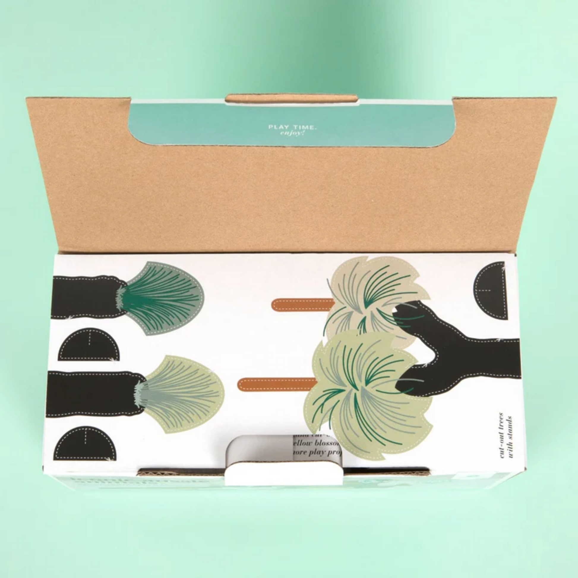 Packaging of Make Me Iconic wooden Australian animal toy set featuring eight native animals and a gum tree, crafted from non-toxic wood with eco packaging - includes kangaroo, koala, wombat, platypus, emu, echidna, dingo, and kookaburra for open-ended play celebrating Aussie wildlife and culture.