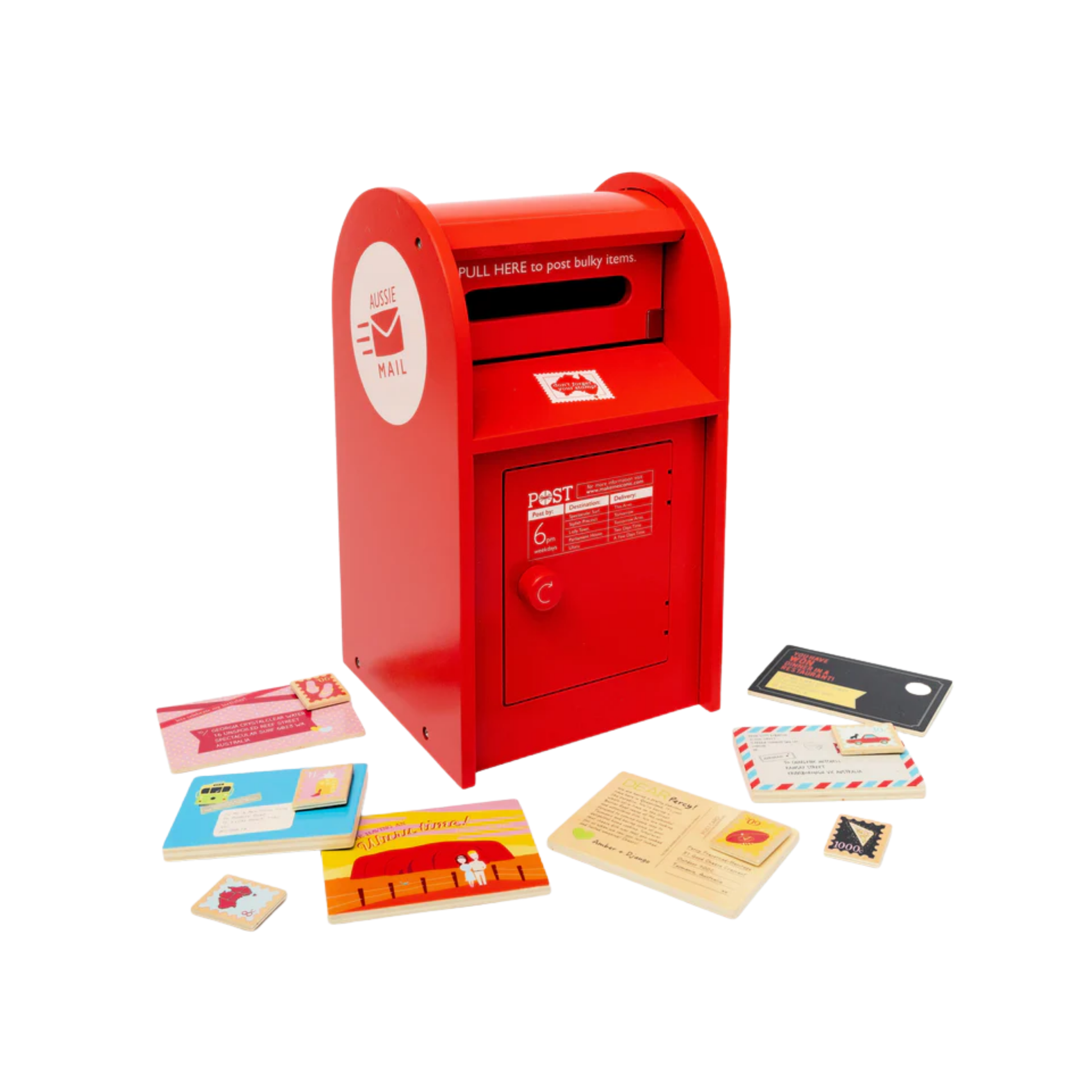 Make Me Iconic wooden red post box toy set featuring a working pull-down slot, six mix-and-match Velcro stamps, and six wooden letters and postcards - a nostalgic, eco-friendly playset designed in Australia to inspire creativity and role play for children aged 3 and up.