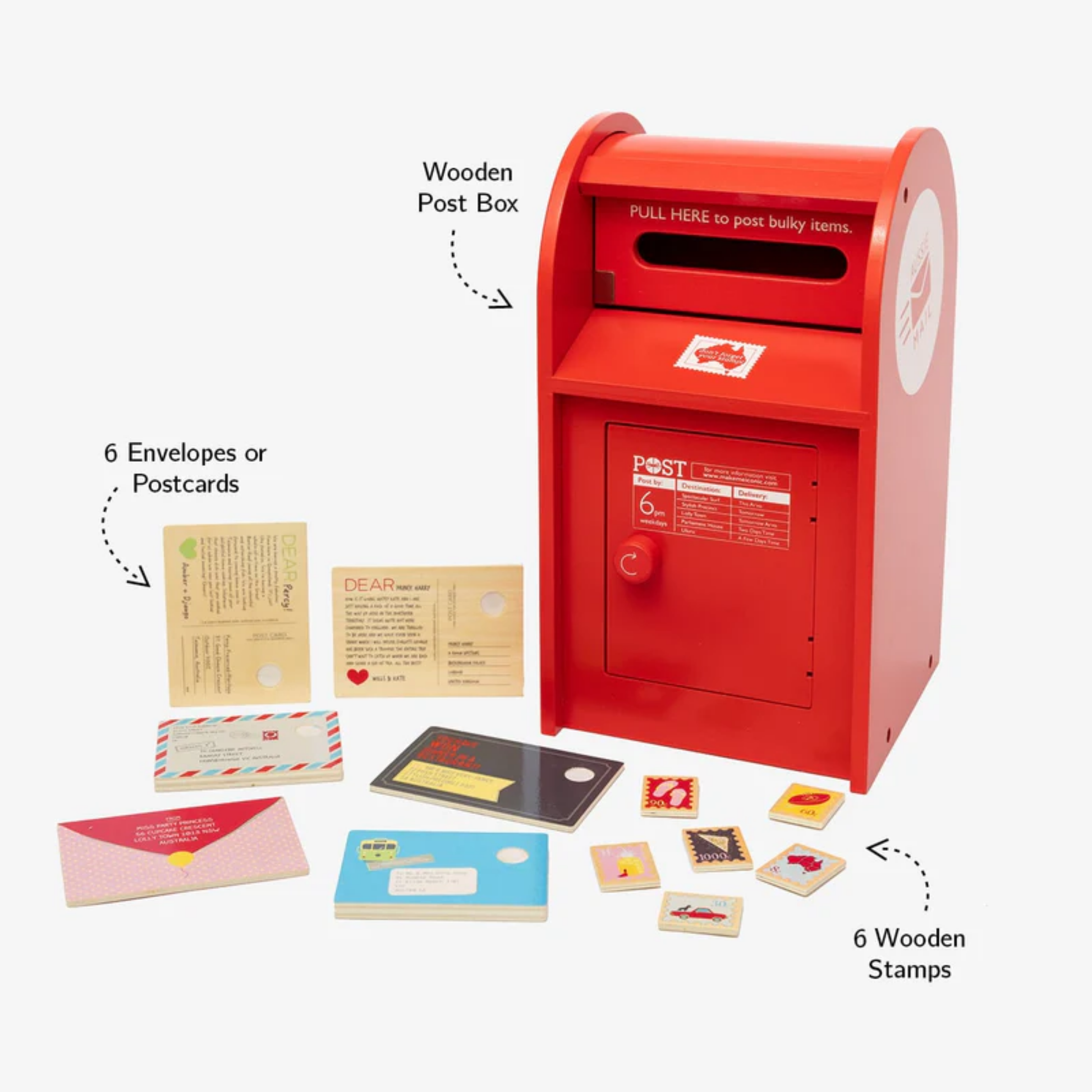 Make Me Iconic wooden red post box toy set featuring a working pull-down slot, six mix-and-match Velcro stamps, and six wooden letters and postcards - a nostalgic, eco-friendly playset designed in Australia to inspire creativity and role play for children aged 3 and up.