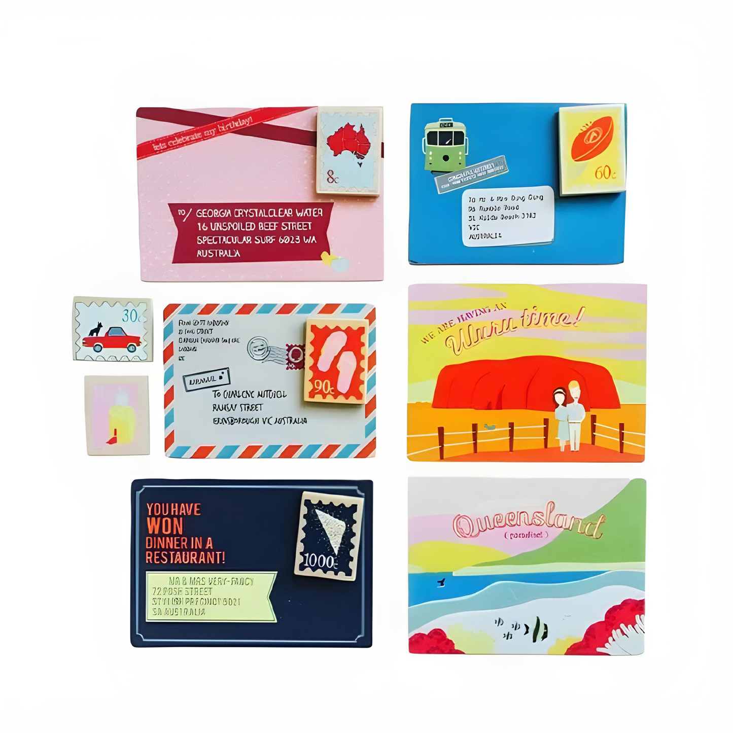 Stamps, wooden letters and postcards from Make Me Iconic wooden red post box toy set featuring a working pull-down slot, six mix-and-match Velcro stamps, and six wooden letters and postcards - a nostalgic, eco-friendly playset designed in Australia to inspire creativity and role play for children aged 3 and up.