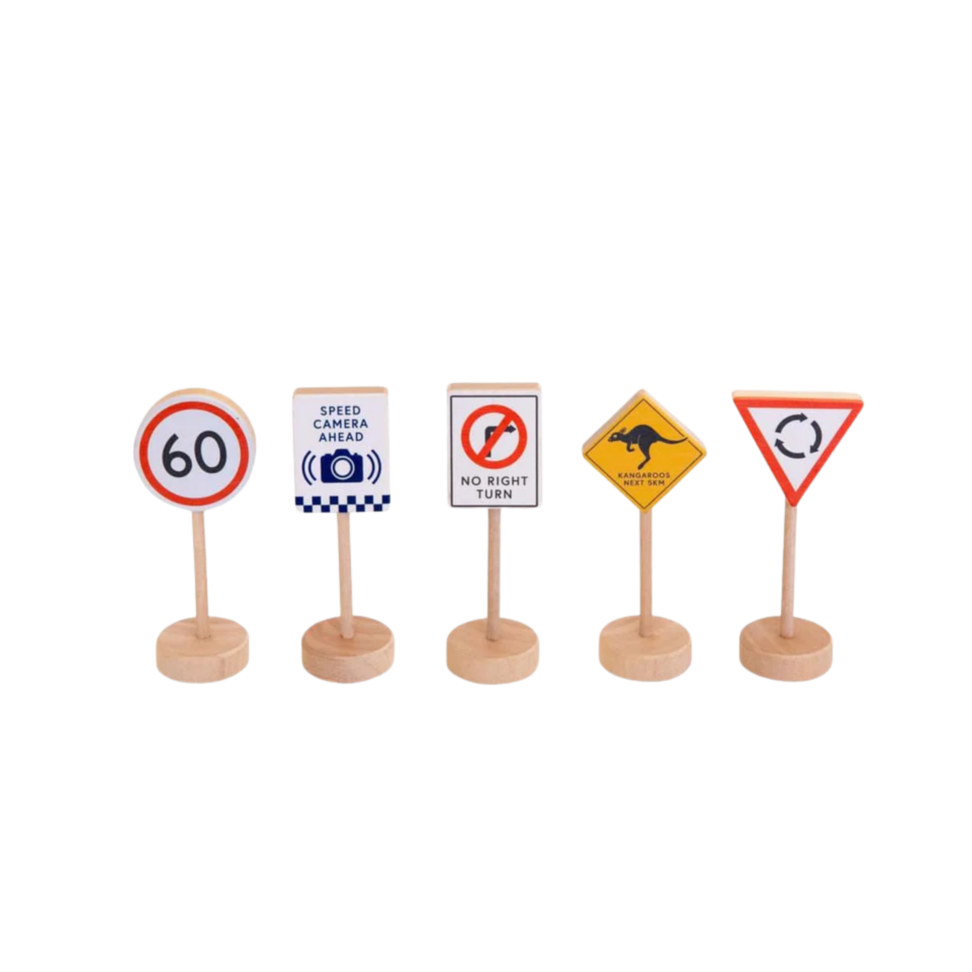 Make Me Iconic wooden traffic sign play set - multicolor solid wood toy featuring 5 double-sided Australian road signs for imaginative and educational car play.