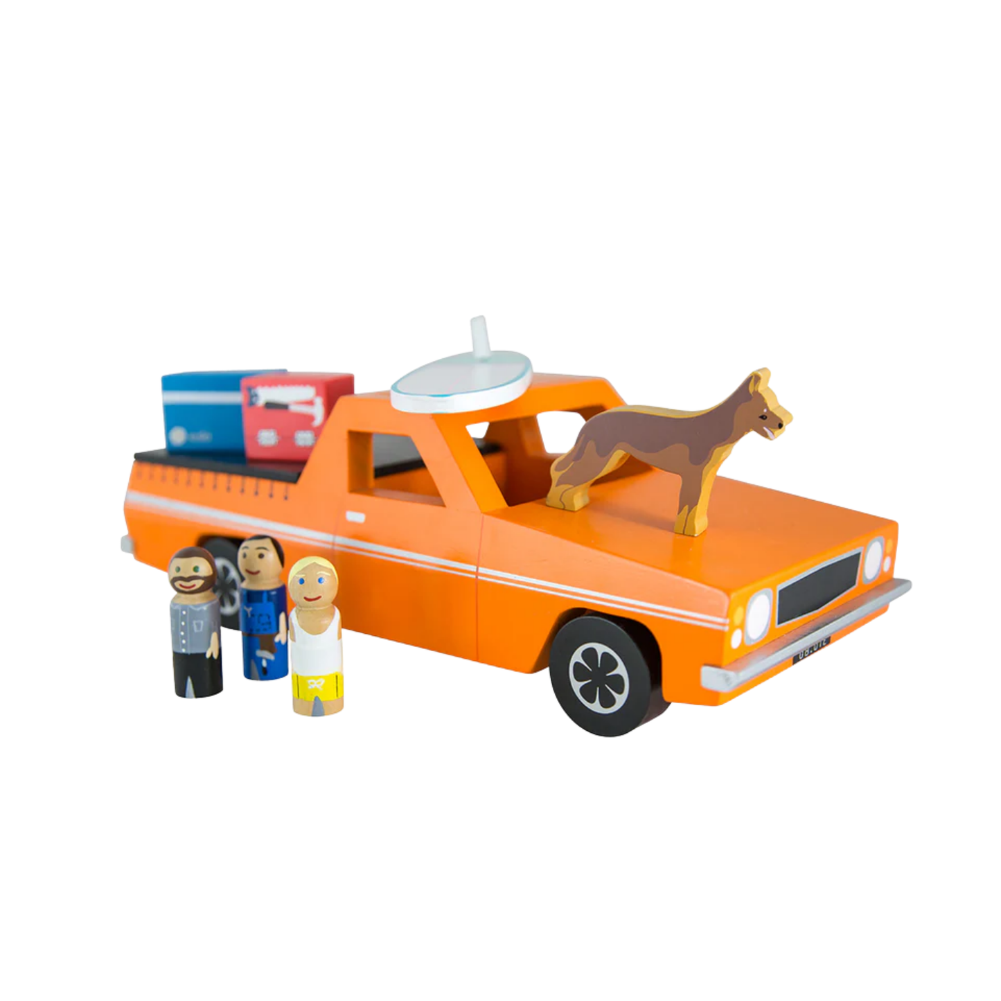 Make Me Iconic wooden blue Ute toy set with rolling wheels, lift-off roof, three wooden passengers, a Kelpie dog, surfboard, esky, and toolbox - a nostalgic Aussie-inspired playset designed in Australia to spark creativity and hands-on imaginative fun for children aged 3 and up.