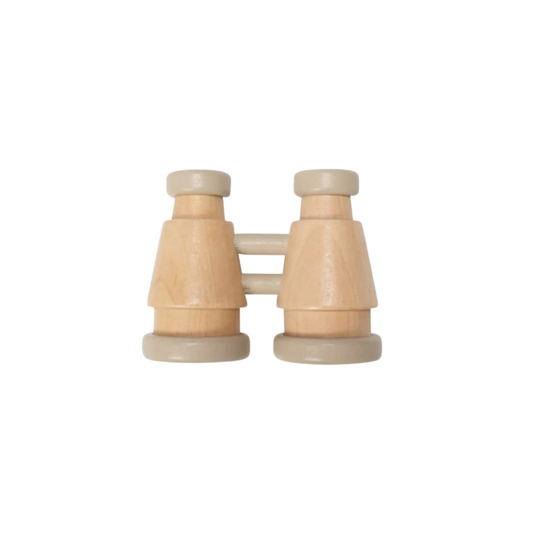 Make Me Iconic wooden toy binoculars - natural solid wood binoculars designed for kids' imaginative play, featuring a smooth finish and easy-grip shape for little explorers.