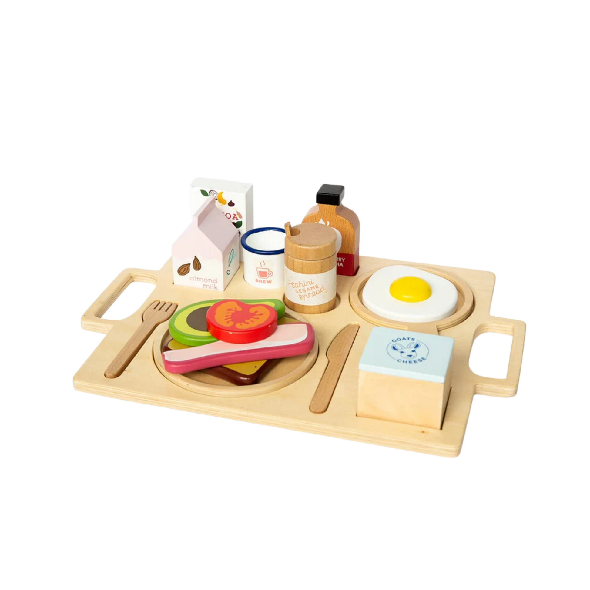 Make Me Iconic wooden toy breakfast set - multicolor wood play set featuring 21 café-style pieces including avocado toast, kombucha, and sliceable goat's cheese for creative pretend play.
