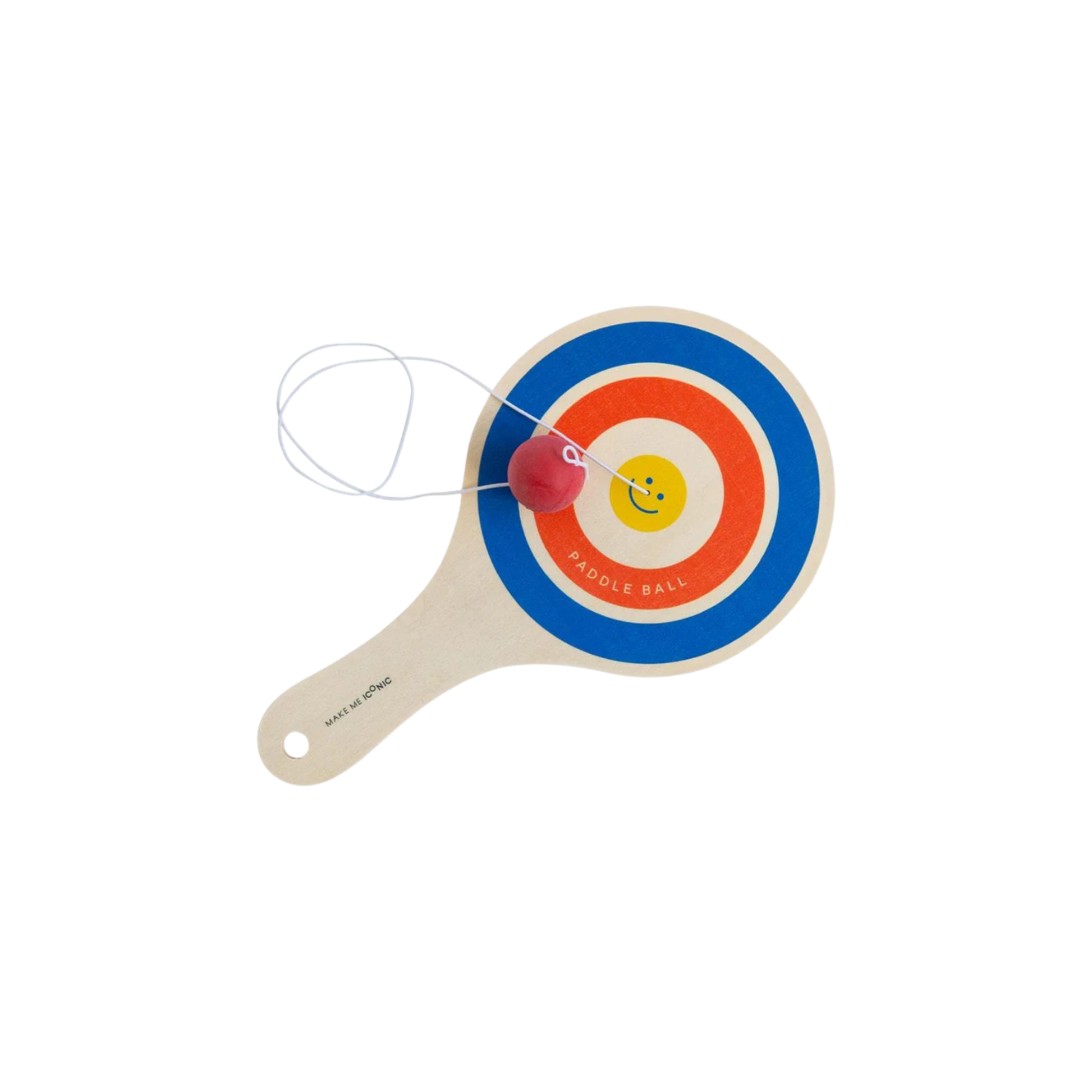 Make Me Iconic wooden paddle ball toy - natural plywood paddle with attached red rubber ball on elastic cord, a retro skill game that builds focus and coordination for kids and adults alike.