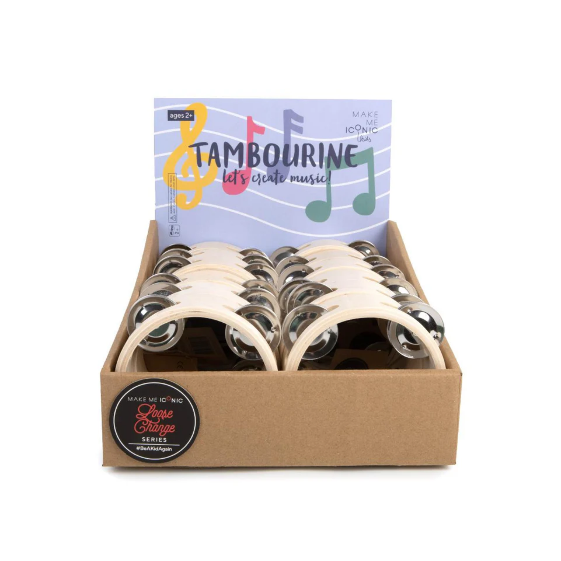 In a tray a group of Make Me Iconic wooden tambourine - durable natural wood tambourine with bright details, perfectly sized for toddlers to explore sound, rhythm, and creativity through hands-on musical play.