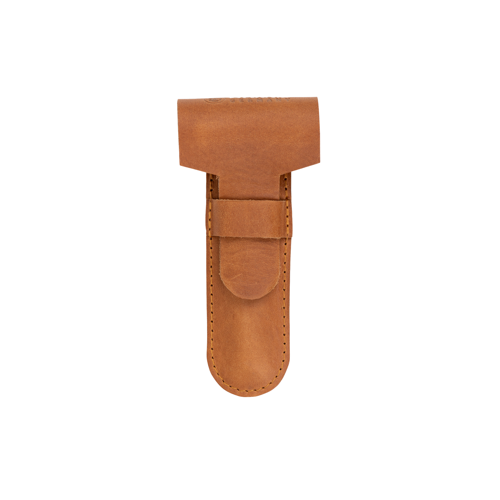 Front view of the close Fathom MERKUR 5006 leather razor case in brown, protective leather sleeve for all MERKUR razors except model 24, ideal for travel and bathroom storage.