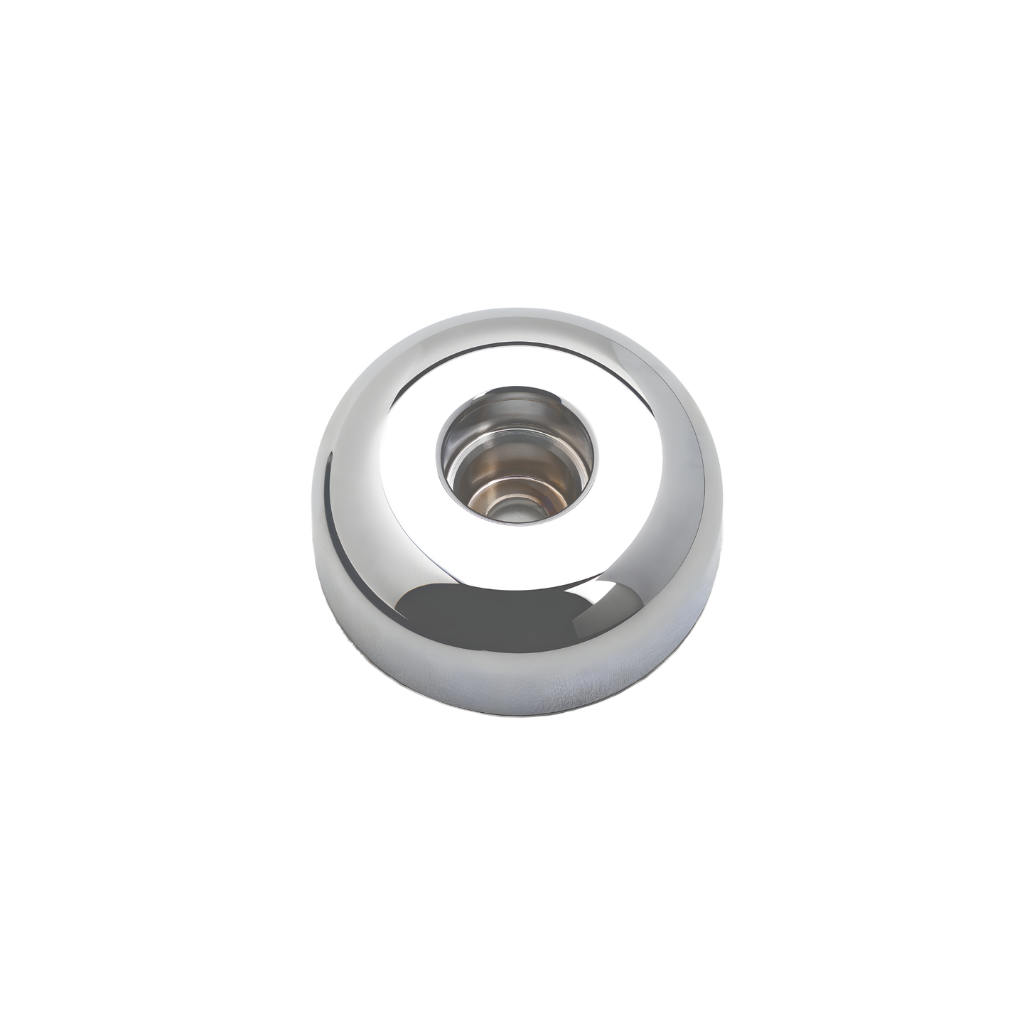 Fathom chrome razor stand with bright chrome finish, weighted base, and rubber ring for grip, fits most MERKUR razors, stylish bathroom countertop or sink accessory.