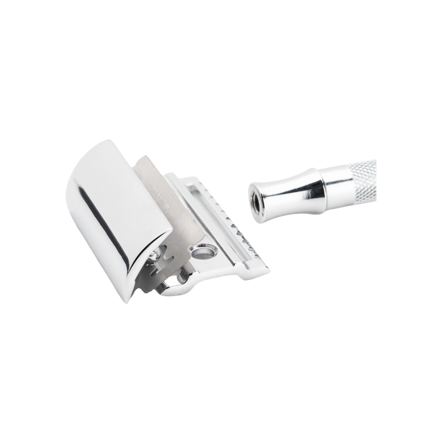 Stylish Merkur Safety Razor 23C Long Handle Chrome unpackaged close up on blade and safety mechanism