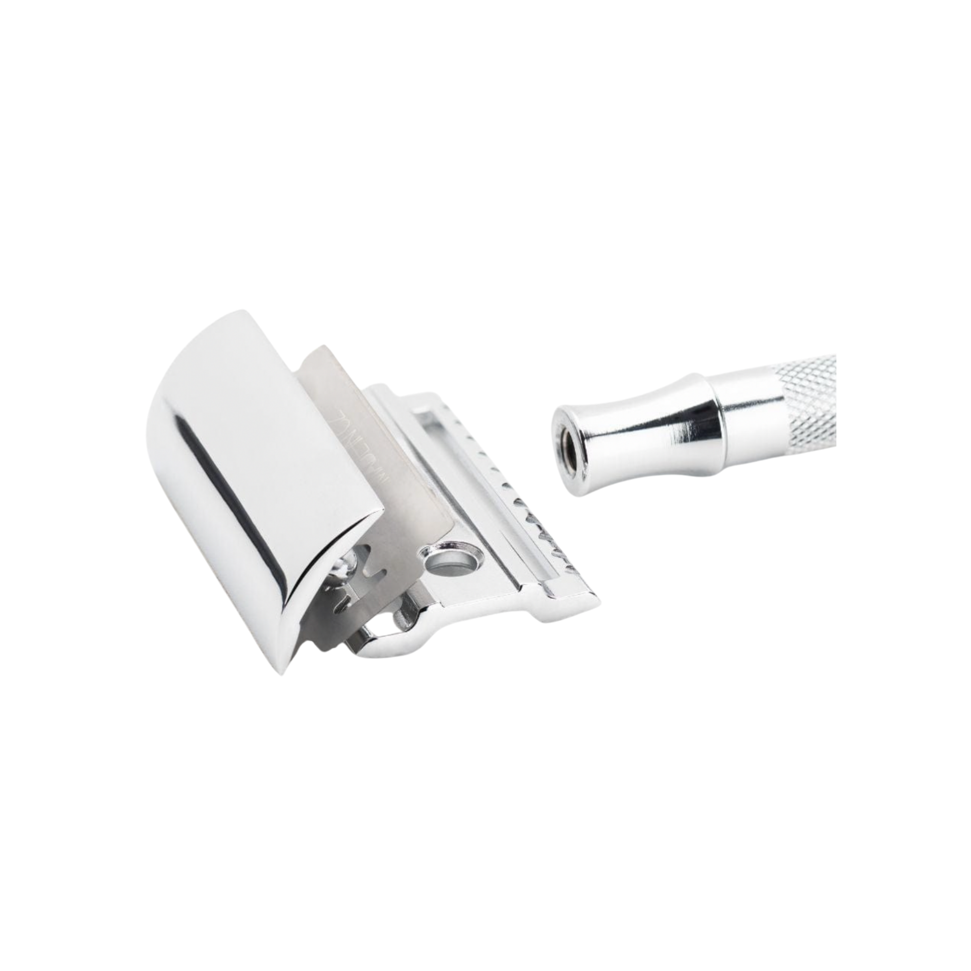 Stylish Merkur Safety Razor 23C Long Handle Chrome unpackaged close up on blade and safety mechanism