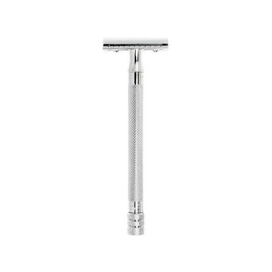 Fathom Safety Razor 24C extra long handle in chrome with brass handle and zinc die-cast head, closed comb straight safety razor, diamond cross-knurled grip, corrosion-resistant chrome finish, made in Solingen Germany.