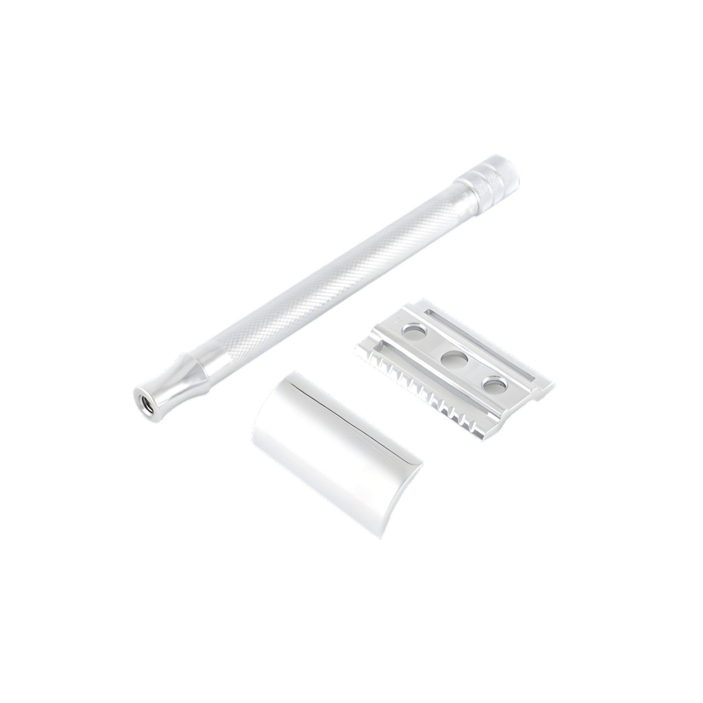 Disassembled parts of Fathom Safety Razor 24C extra long handle in chrome with brass handle and zinc die-cast head, closed comb straight safety razor, diamond cross-knurled grip, corrosion-resistant chrome finish, made in Solingen Germany.