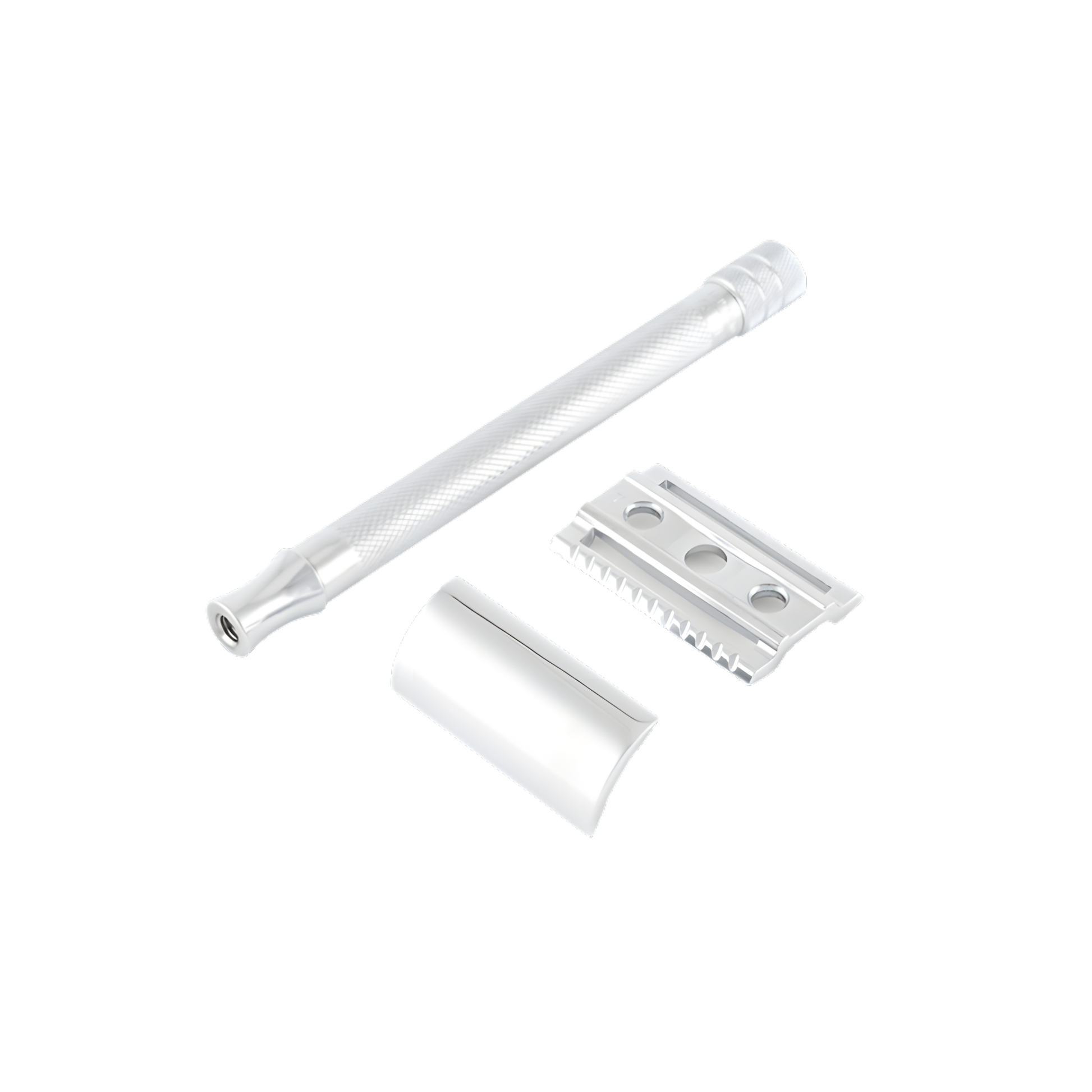 Disassembled parts of Fathom Safety Razor 24C extra long handle in chrome with brass handle and zinc die-cast head, closed comb straight safety razor, diamond cross-knurled grip, corrosion-resistant chrome finish, made in Solingen Germany.