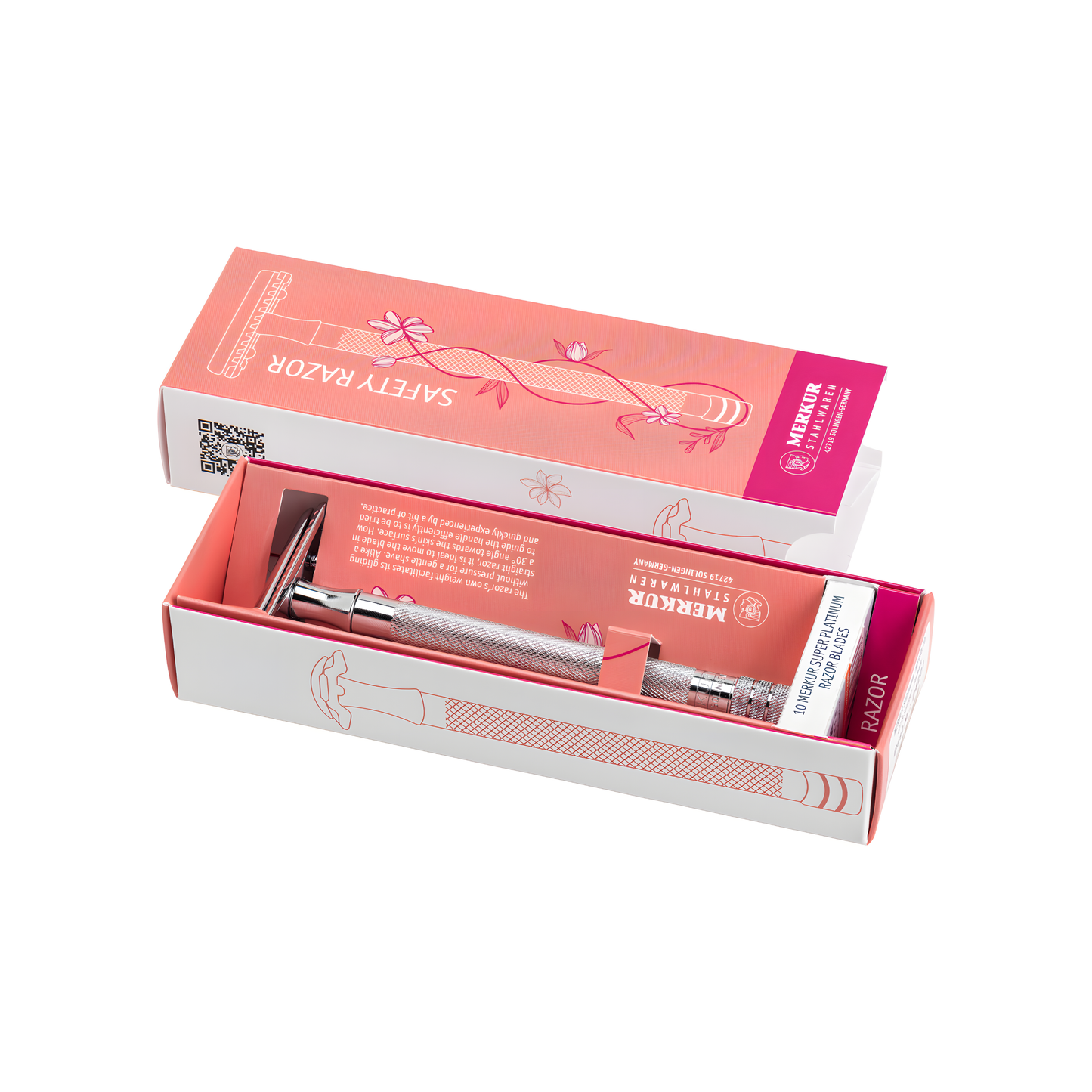 Showing the box container with the Fathom Safety Razor 24C extra long handle in chrome with brass handle and zinc die-cast head, closed comb straight safety razor, diamond cross-knurled grip, corrosion-resistant chrome finish, made in Solingen Germany.