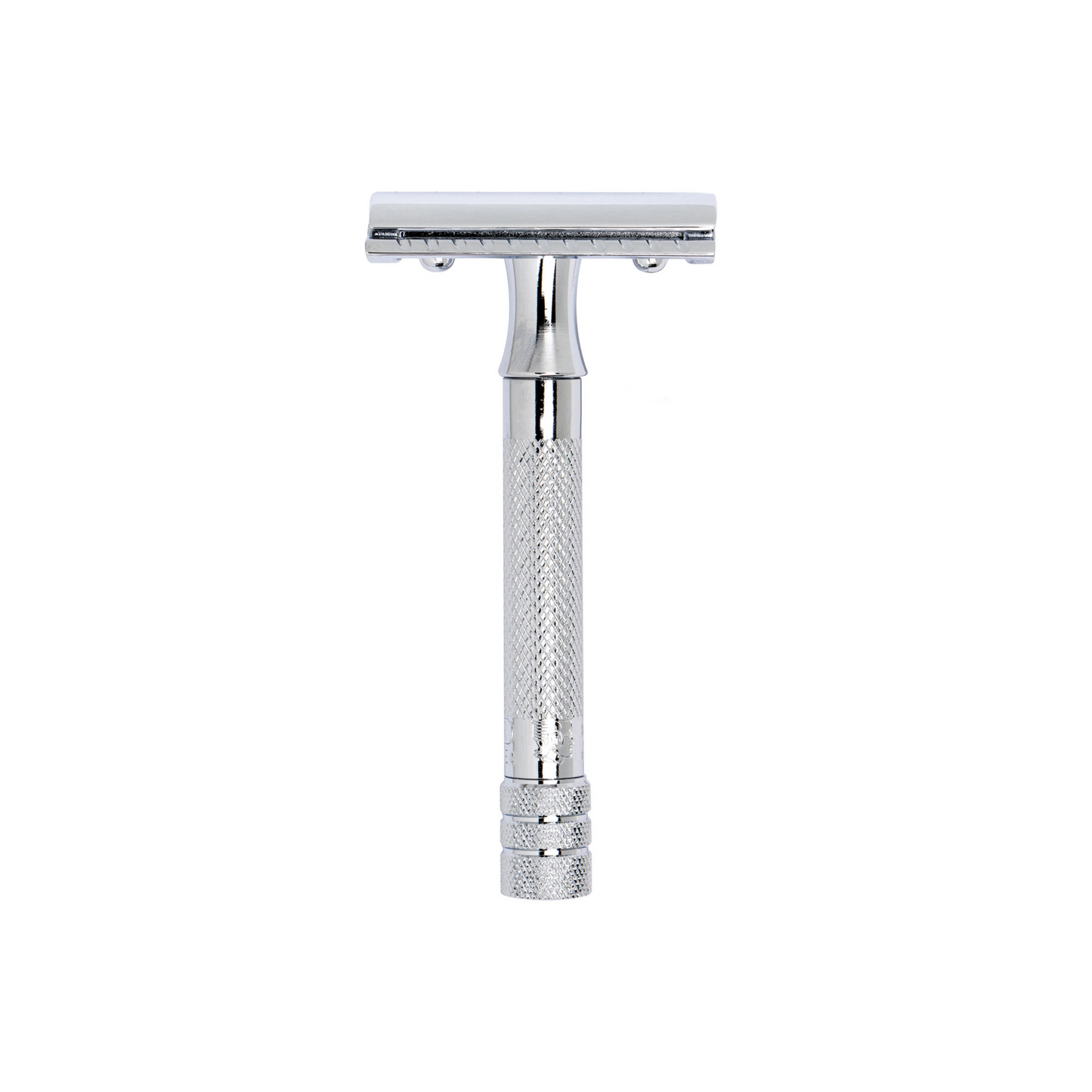 Front view of the standing Fathom 33C safety razor in chrome with brass handle, zinc die-cast head, closed comb design for classic wet shaving, corrosion-resistant, high-quality precision shaving tool.