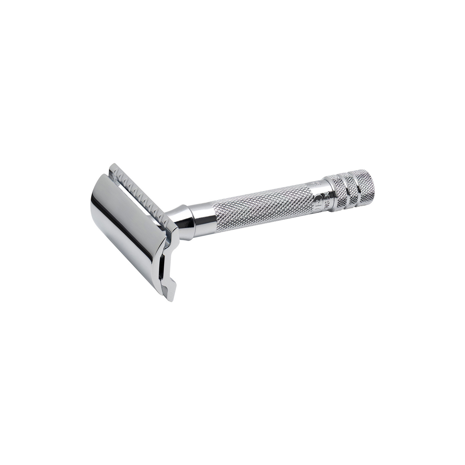 With the head facing left, the Fathom 33C safety razor in chrome with brass handle, zinc die-cast head, closed comb design for classic wet shaving, corrosion-resistant, high-quality precision shaving tool.