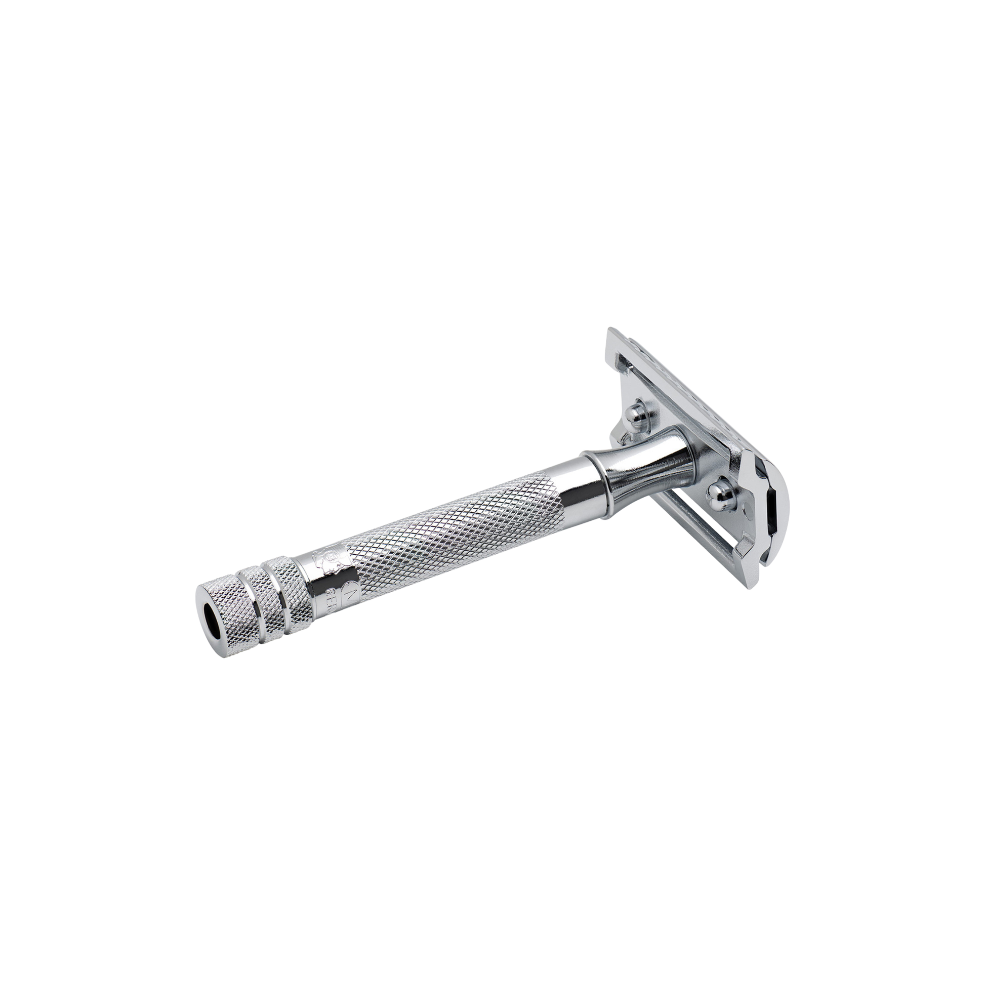 The head facing right, Fathom 33C safety razor in chrome with brass handle, zinc die-cast head, closed comb design for classic wet shaving, corrosion-resistant, high-quality precision shaving tool.