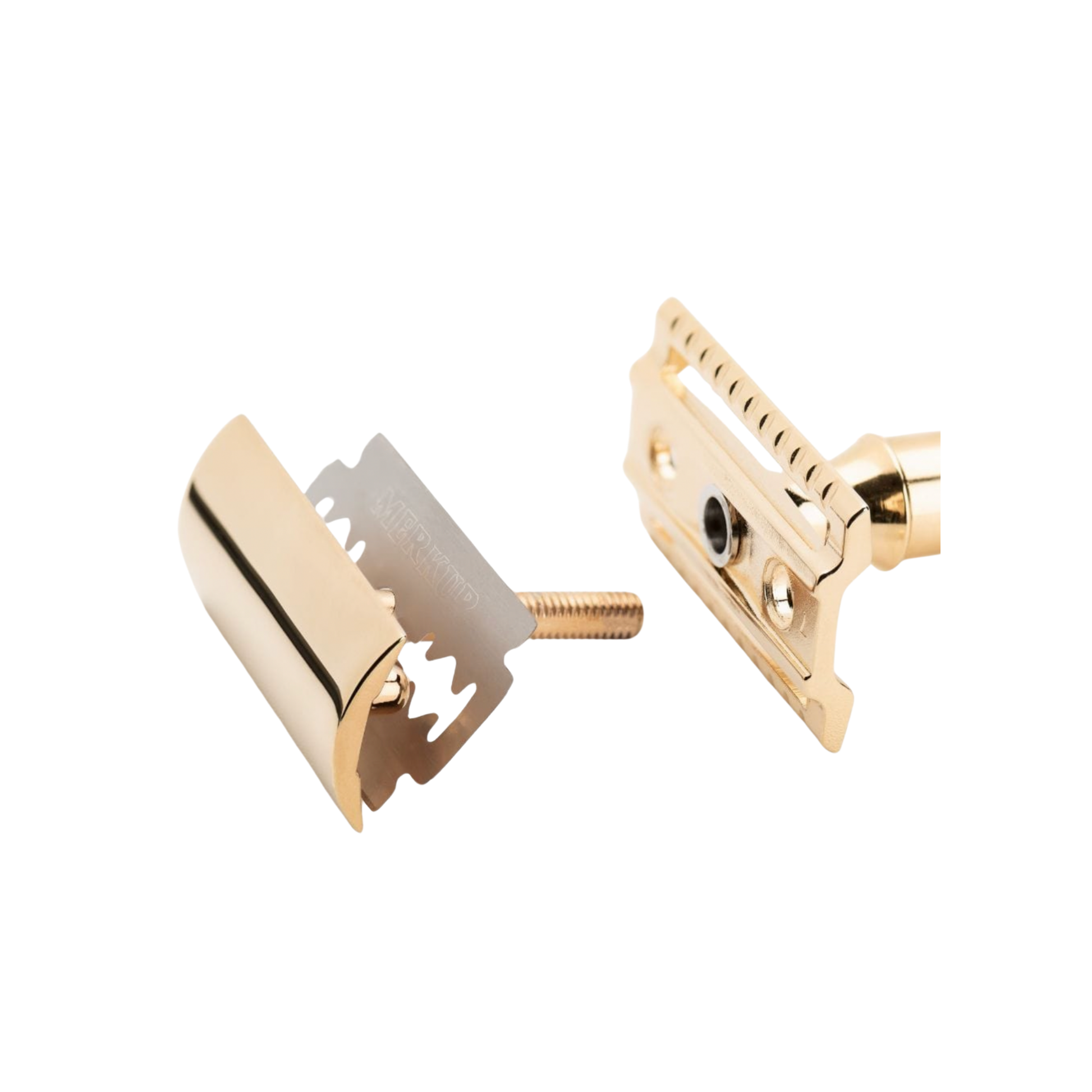 Stylish Merkur Safety Razor 34G Gold unpackaged close up of blade and safety mechanism 