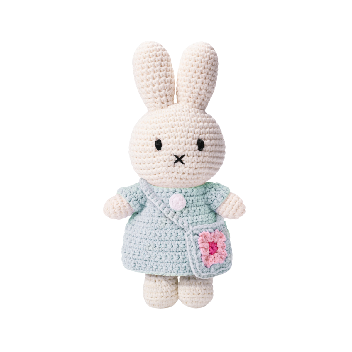 Front view of the handmade Miffy Miffy Crochet 25cm Mint Dress & Flowerbag, 100% organic cotton, CE 3+.
