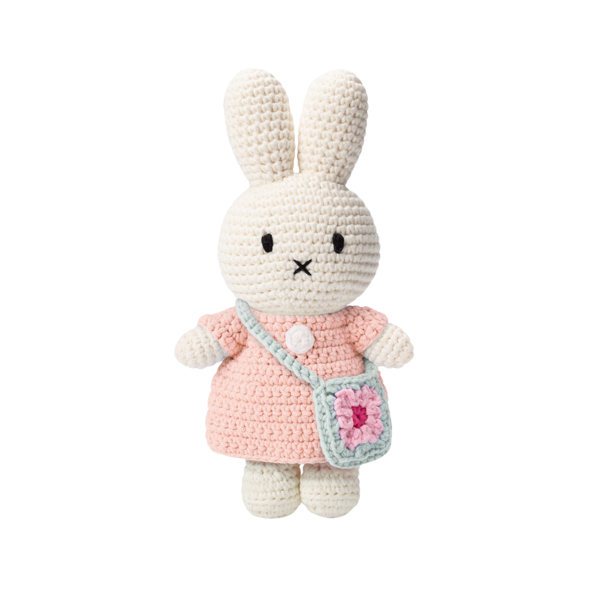 Front view of the handmade Miffy Miffy Crochet 25cm Pastel Pink Dress & Flowerbag, 100% organic cotton, CE 3+.