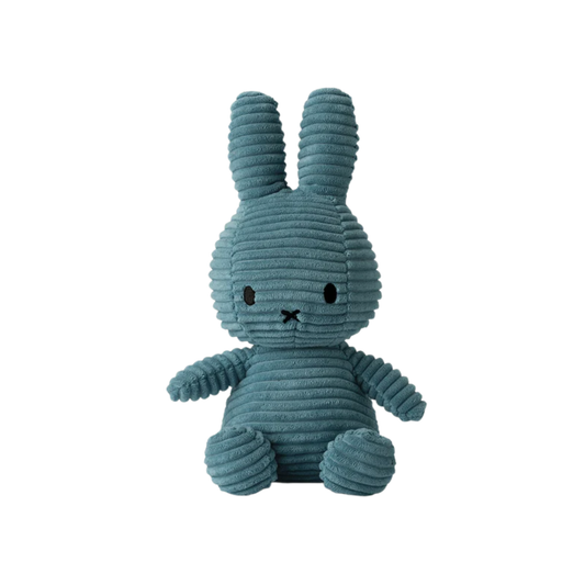 Miffy Corduroy plush in Aviator Blue, handmade from soft corduroy with 100% recycled PET filling, ethically produced and eco-friendly - a timeless, cuddly gift for babies or stylish nursery décor.