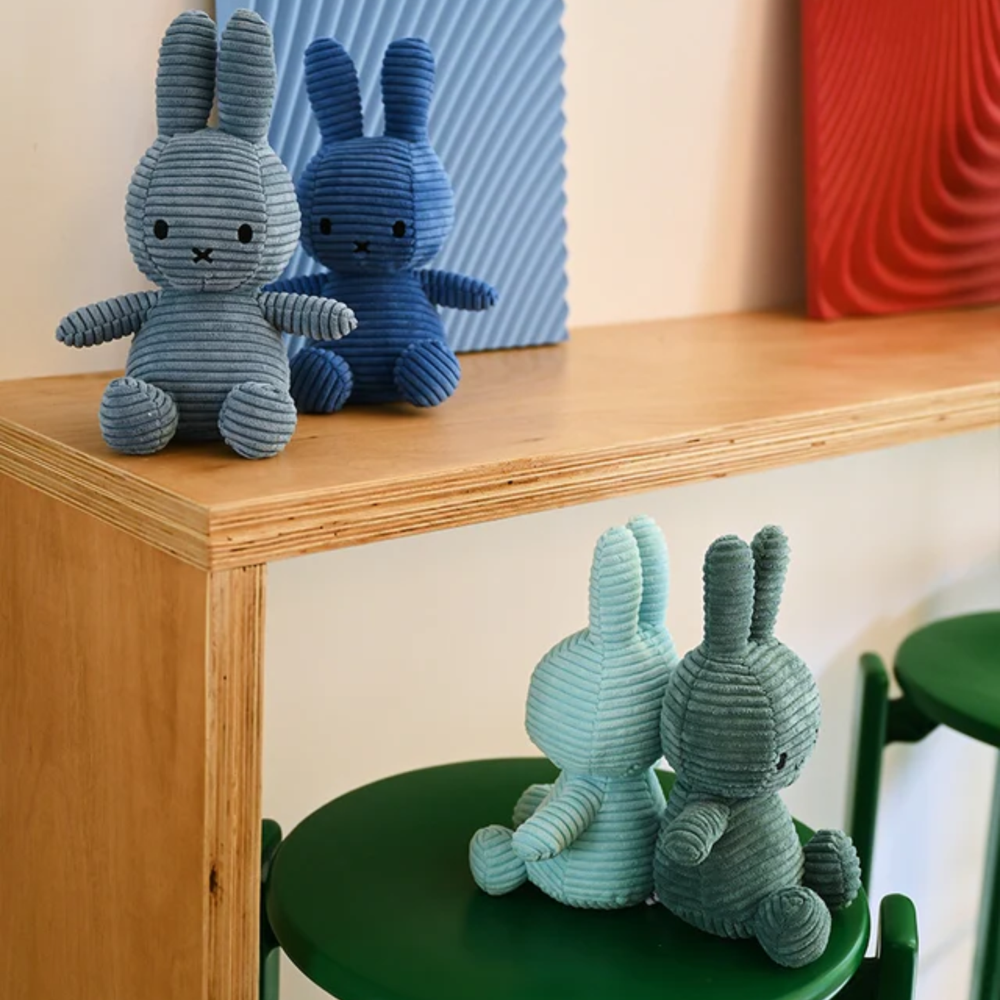 Shown with different colors along with Miffy Corduroy plush in Aviator Blue, handmade from soft corduroy with 100% recycled PET filling, ethically produced and eco-friendly - a timeless, cuddly gift for babies or stylish nursery décor.