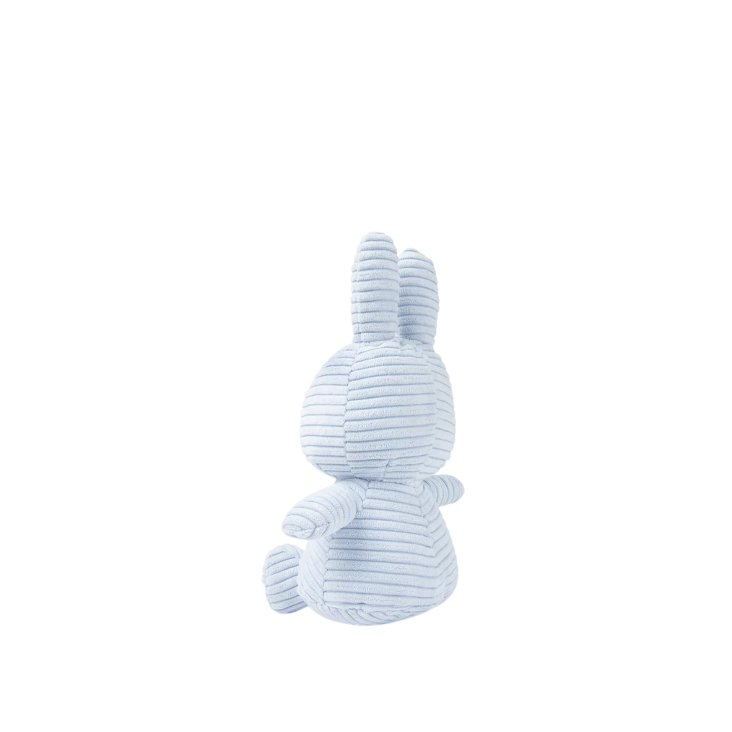 Back + side view of Miffy Corduroy plush toy, handmade from soft corduroy fabric with 100% recycled PET filling, ethically produced and available in various colors - a timeless and eco-friendly gift for babies or interior décor.