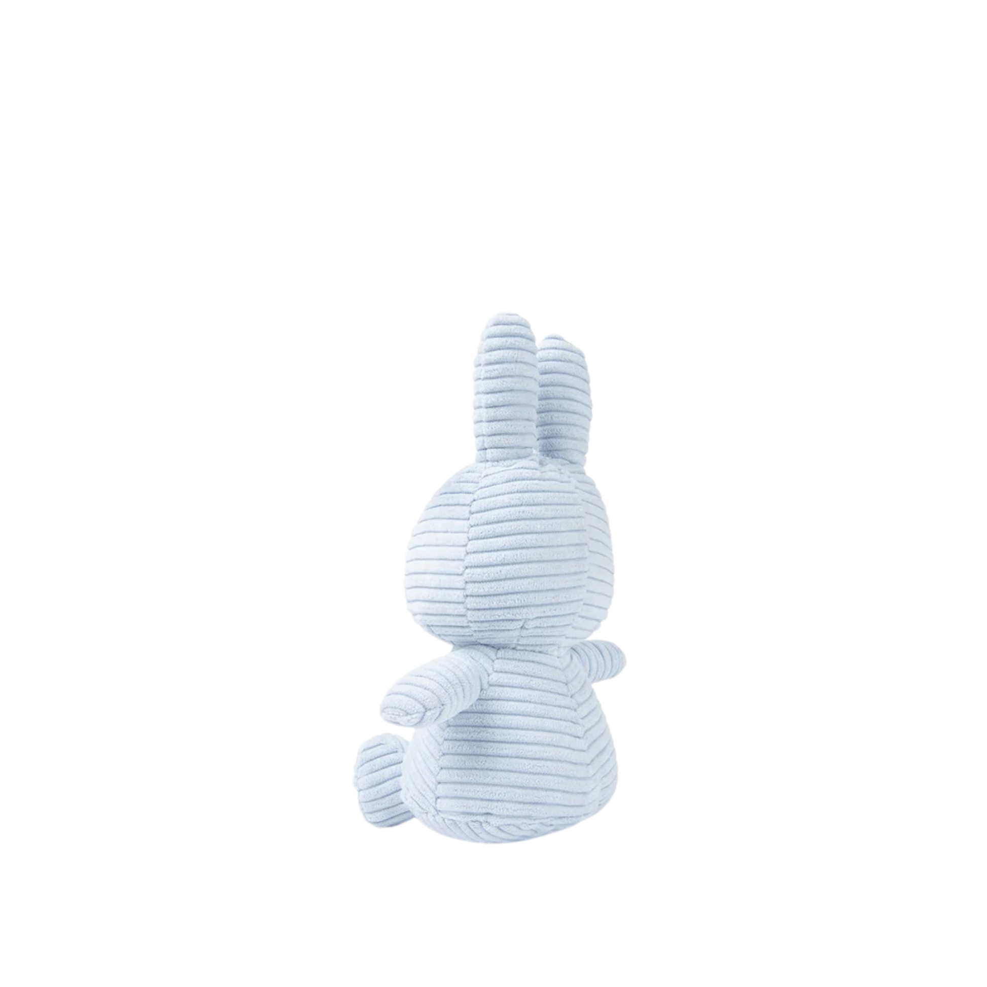 Back + side view of Miffy Corduroy plush toy, handmade from soft corduroy fabric with 100% recycled PET filling, ethically produced and available in various colors - a timeless and eco-friendly gift for babies or interior décor.