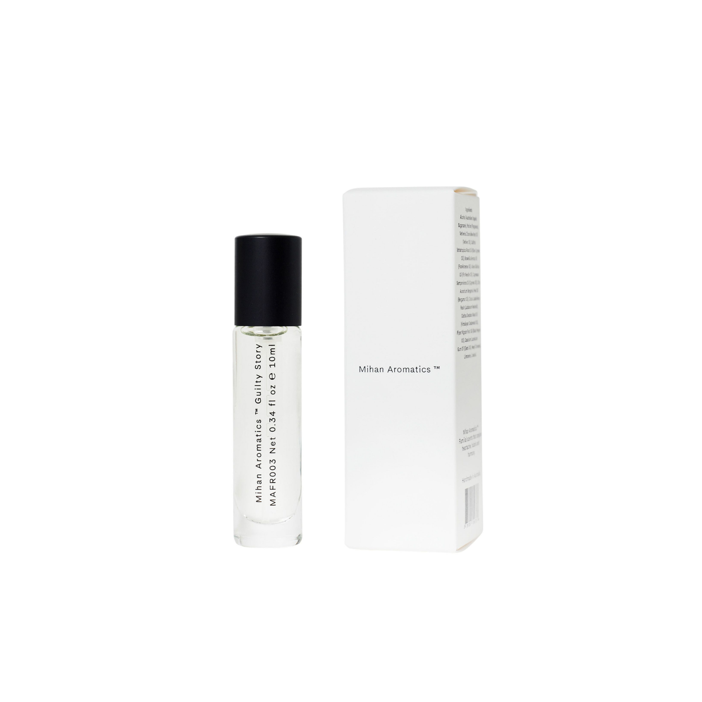 Mihan Aromatics 10ml Guilty Story front angled view box