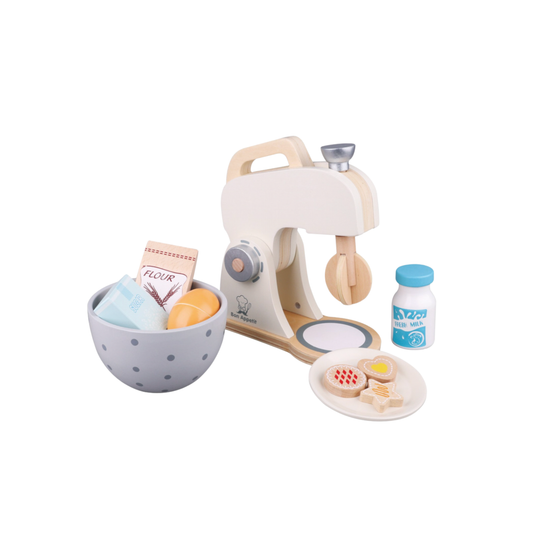 New Classic Toys wooden baking set angled front view with ingredients in bowl